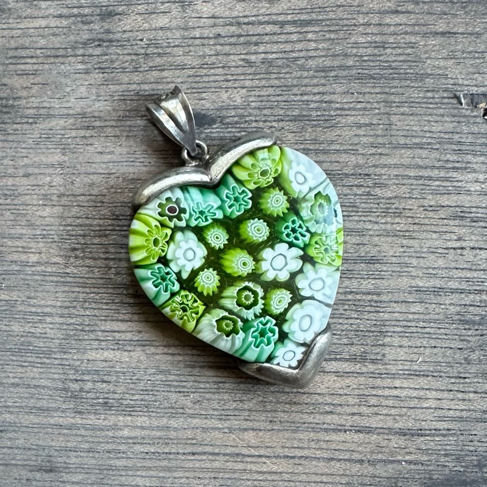 Vintage 2000s y2k Millefiori .925 sterling silver green heart pendant signed